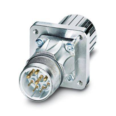Ein Metallkreiskonnektor mit Flansch und mehreren goldenen Kontaktstiften für elektrische Verbindungen, der in Industrieanwendungen zur sicheren Verbindung verwendet wird.