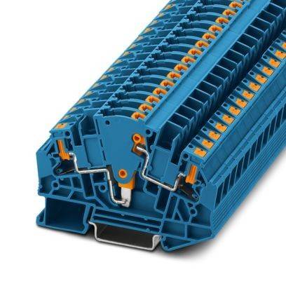 Ein blauer modularer Klemmblock mit verschiebbaren Komponenten und orangefarbenen Anschlussabschnitten, entwickelt für Elektroinstallationssysteme.