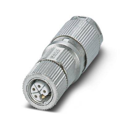 Eine Nahaufnahme eines silbernen, zylindrischen Industriesteckers mit mehreren Stiften, der für sichere elektrische Verbindungen ausgelegt ist.