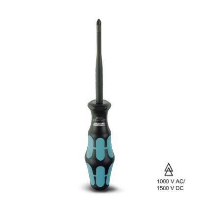 Schraubendreher mit schwarzem und blauem Griff, geeignet für 1000 V AC und 1500 V DC, für elektrische Arbeiten.