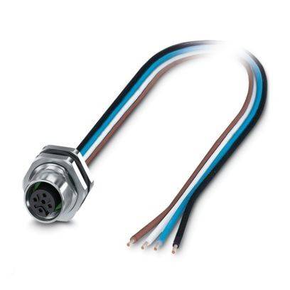 Ein metallischer kreisförmiger elektrischer Stecker mit fünf Metallstiften und angebrachten Drähten in Blau, Weiß, Braun und Schwarz, verwendet für Daten oder Stromversorgung.