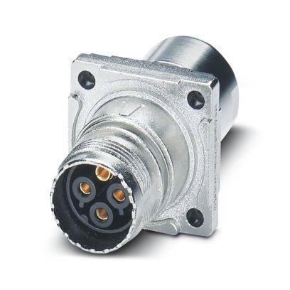 Ein metallischer runder elektrischer Stecker mit vier braunen Stiften, für industrielle Verwendung konzipiert, mit einem quadratischen Montageflansch.