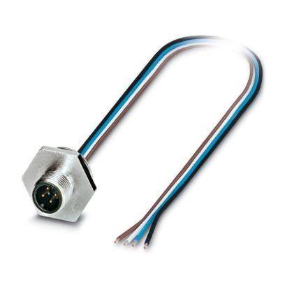 Panelgebundener M12-Steckverbinder mit vier mehrfarbigen Drähten, die sich von der Rückseite erstrecken, verwendet zum Verbinden von elektrischen Geräten.