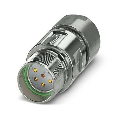 Ein metallischer Industriestecker mit mehreren Kontakten, der für sichere elektrische Verbindungen in technischen oder industriellen Anwendungen konzipiert ist.