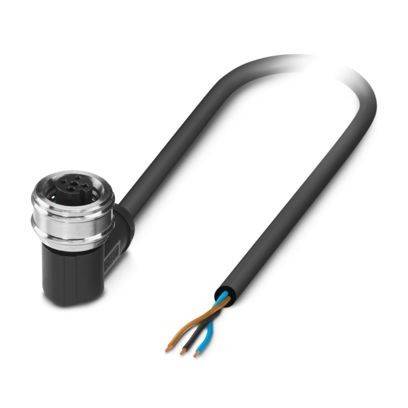 Ein Kabel mit drei freiliegenden Drähten an einem Ende und einem runden Stecker am anderen Ende, vor einem einfachen weißen Hintergrund.