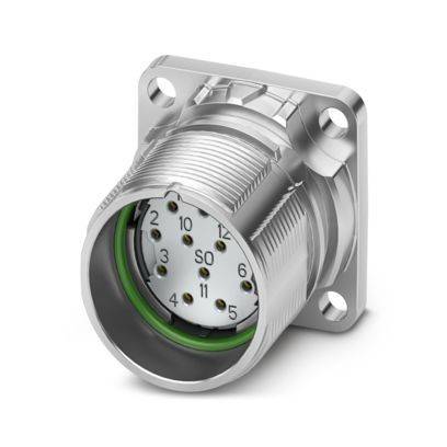 Ein metallischer, kreisförmiger Stecker mit mehreren nummerierten Kontakten, eingebettet in einem quadratischen Flansch zur Befestigung.