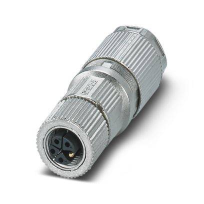 Ein silberner Metall-Elektrostecker mit gerauter zylindrischer Ausführung, bestehend aus drei kreisförmigen Stiften und einem größeren zentralen Schlitz.