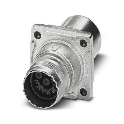 Ein metallischer kreisförmiger Stecker mit acht Buchsenkontakten, konzipiert für robuste elektrische Verbindungen in Industrieanwendungen.