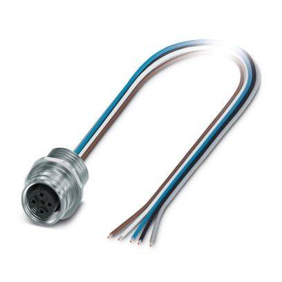 Ein Metallelektrikstecker mit fünf farbigen Drähten (braun, blau, grau, weiß, schwarz), die sich von einem Ende erstrecken, verwendet für Verkabelungsanwendungen.