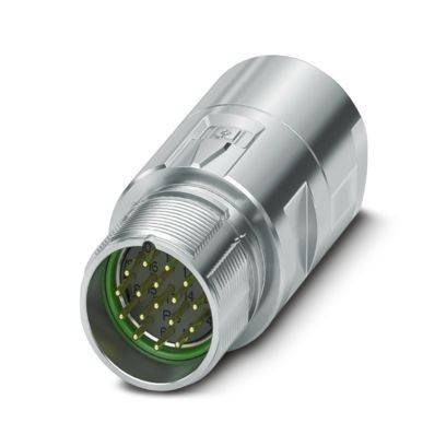 Ein metallischer zylindrischer Stecker mit mehreren Stiften und einem gekennzeichneten grünen Inneren, entworfen für industrielle oder elektronische Anwendungen.