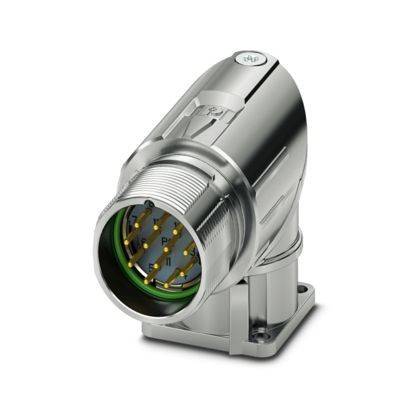 Ein silberner industrieller Elektrostecker mit mehreren Stiften im Inneren, entwickelt für sichere und robuste elektrische Verbindungen in Maschinen.