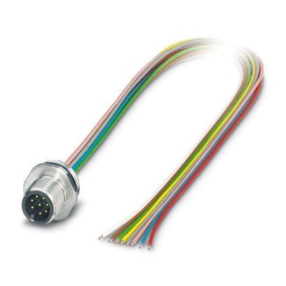Ein kreisförmiger 8-poliger Elektrostecker mit mehrfarbigen Kabeln, die davon ausgehen, einschließlich rot, grün, gelb und blau.