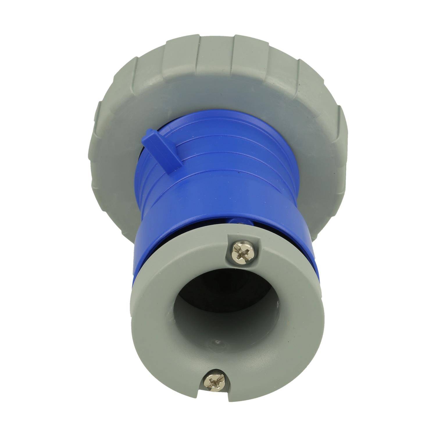 Eine Nahaufnahme eines blauen und grauen zylindrischen Objekts mit einem Ring, das zwei Schrauben aufweist. Der Zweck des Objekts ist unklar.