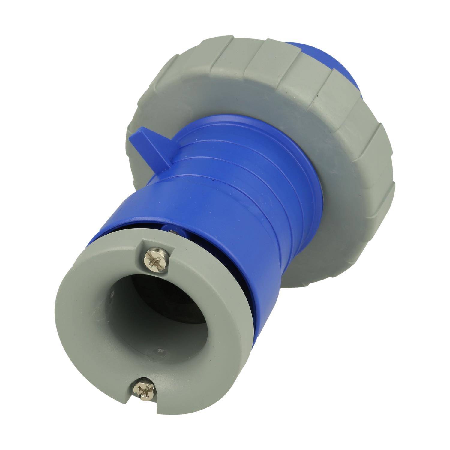 Ein blauer und grauer Industrieverbinder mit Schrauben und gerillten Oberflächen, konzipiert für elektrische oder mechanische Anwendungen.