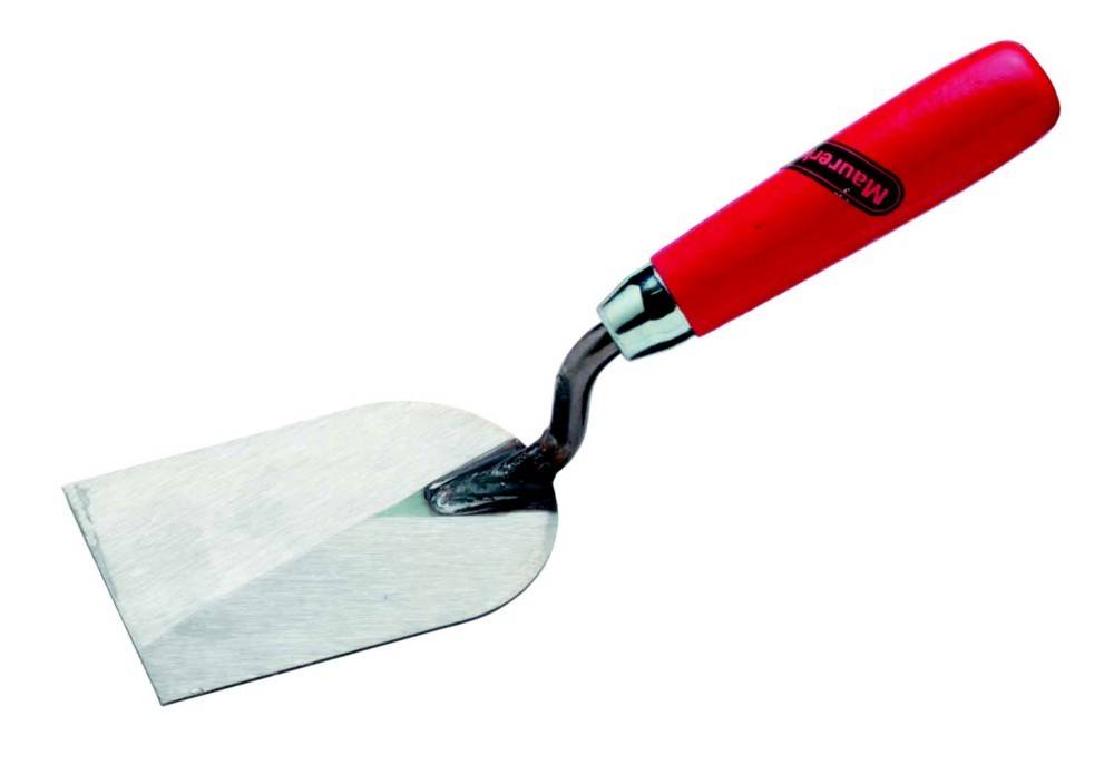 Eine Kelle mit einem roten Griff und einer flachen Metallklinge, die üblicherweise zum Auftragen oder Glätten von Putz, Mörtel oder Zement verwendet wird.