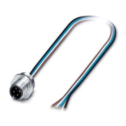 Ein Metallstecker mit vier angebrachten Drähten in den Farben Braun, Weiß, Blau und Schwarz, die an den Enden fächerförmig ausgebreitet sind, was auf elektrische Verwendung hindeutet.