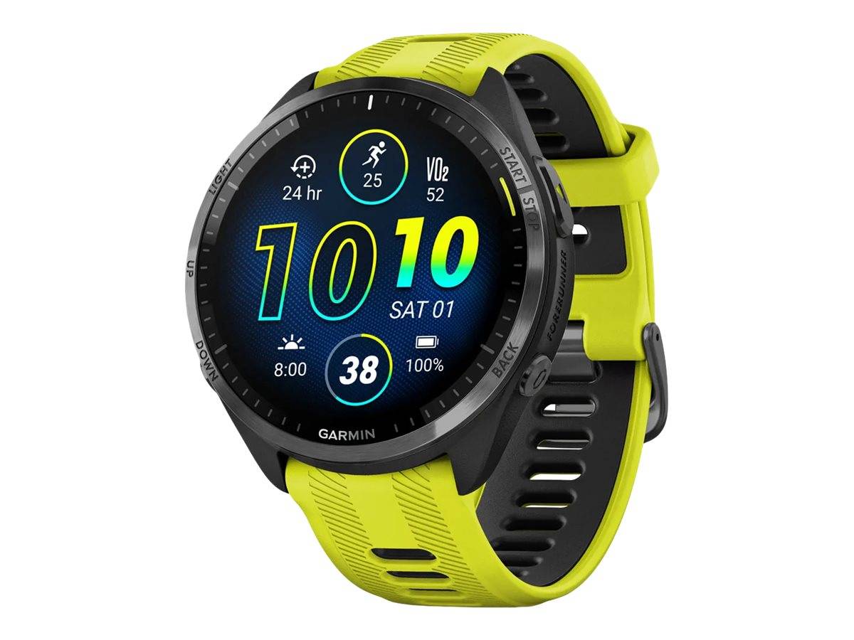 Garmin-Smartwatch mit leuchtendem gelbem Armband und rundem Display, das 10:10 Uhr, Sa 01 und Fitness-Statistiken wie 24 Std., VO2 52, 8:00 und 100% Batterie anzeigt.