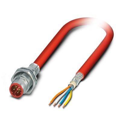 Eine Nahaufnahme eines roten Elektrokabels mit freiliegenden mehrfarbigen Drähten an einem Ende und einem Metallstecker am anderen Ende.