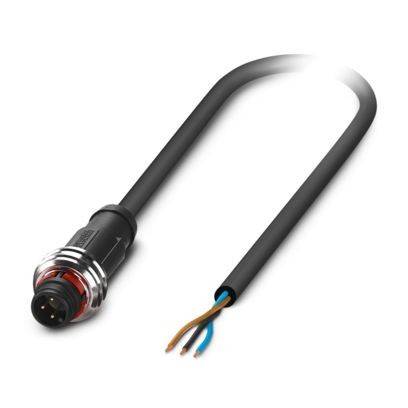 Ein schwarzes Rundsteckverbinder-Kabel mit drei freigelegten Drähten, typischerweise für elektronische oder elektrische Verbindungen verwendet.