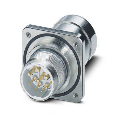 Ein metallischer kreisförmiger elektrischer Stecker mit mehreren Goldkontakten, entwickelt für sichere Verbindungen in industriellen oder elektronischen Geräten.