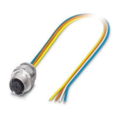 Ein kreisförmiger Metallstecker mit fünf farbigen Drähten: schwarz, blau, gelb, orange und braun, der für elektrische Verbindungen verwendet wird.