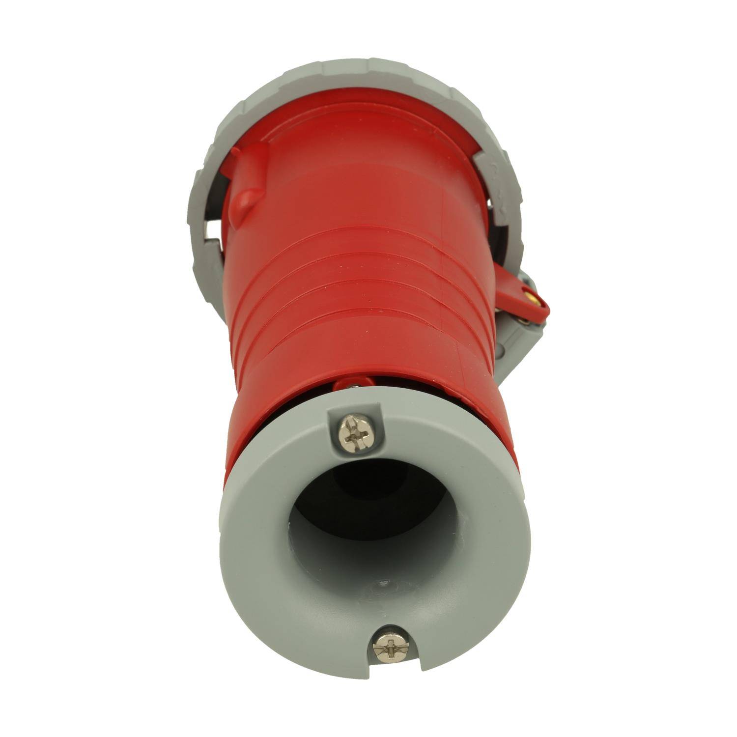 Ein rot-grauer Industrie-Stromstecker mit prominentem zylindrischem Design und Schraubverschlüssen, frontal betrachtet.