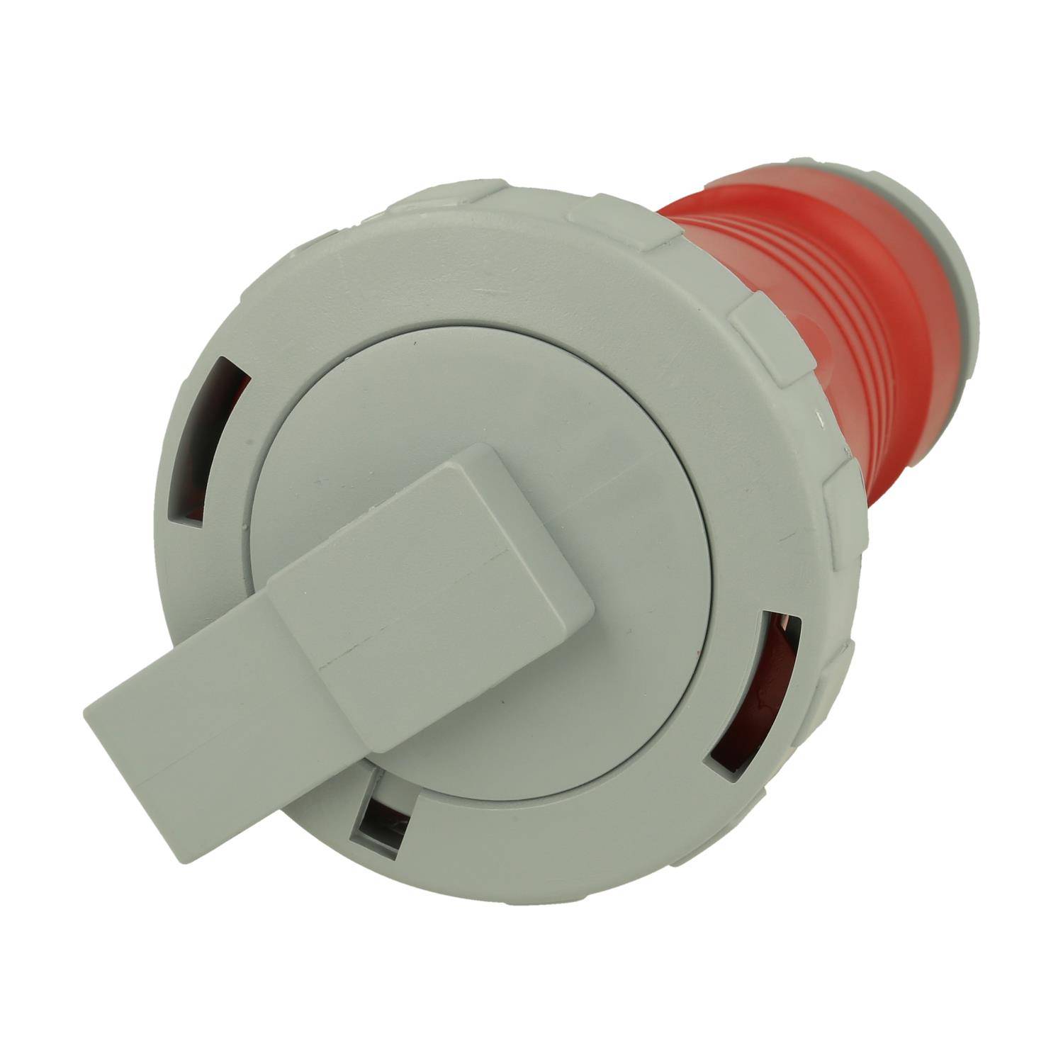 Ein rotes und graues Industrie-Elektrostecker mit zylindrischer Form und flachem Griff zum einfachen Greifen, verwendet für robuste Stromverbindungen.