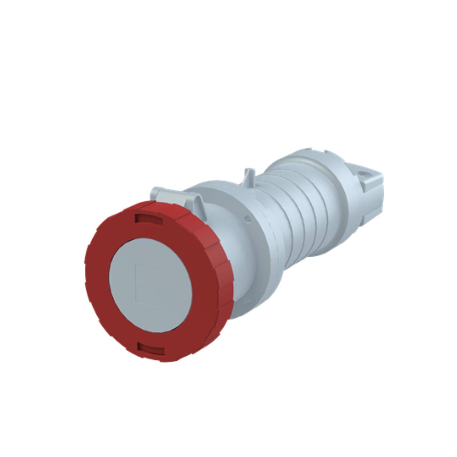 Ein rot und grau industrieller Steckverbinder mit zylindrischer Form, mit einer roten Kappe und gerilltem Gehäuse, verwendet für robuste Elektroverbindungen.