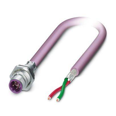 Ein violetter, runder elektrischer Stecker mit einem metallischen Steckende und zwei freigelegten Drähten, einer rot und einer grün, ragt nach außen.