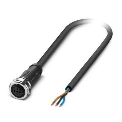 Ein schwarzer M12-Stecker mit freiliegenden Drahtenden, mit einer runden Metall-Verschlussringmutter und drei farbigen Drähten: blau, braun und schwarz.