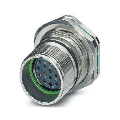 Industrieller Stecker mit Metallgehäuse, mit mehreren Stiften für elektrische Verbindungen und einem grünen Abdichtungsring am Ende.