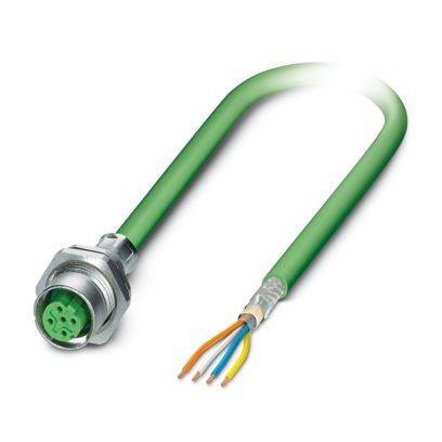 Ein grünes Industriekabel mit einem kreisförmigen Stecker an einem Ende, mit mehreren freigelegten farbigen Drähten am anderen Ende.