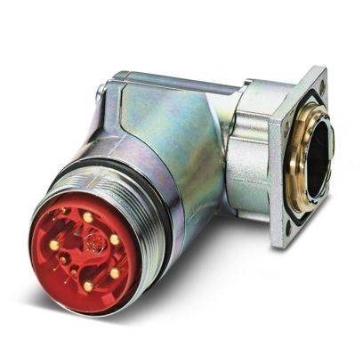Ein silberner metallischer Elektrostecker mit einem roten kreisförmigen Ende und mehreren goldenen Kontaktstiften, die für sichere elektrische Verbindungen verwendet werden.