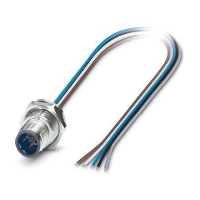 Ein zylindrischer Metallsensor mit blauen, weißen und braunen Drähten, die sich von ihm erstrecken, wird verwendet, um Nähe oder Entfernung in technischen Anwendungen zu erkennen.