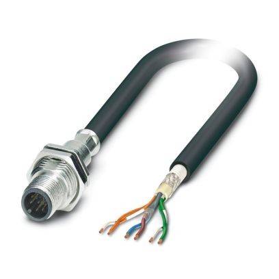Ein schwarzes Kabel mit einem Metallstecker und freiliegenden farbigen Drähten am Ende, was auf eine Verdrahtungs- oder elektronische Verbindungseinrichtung hindeutet.