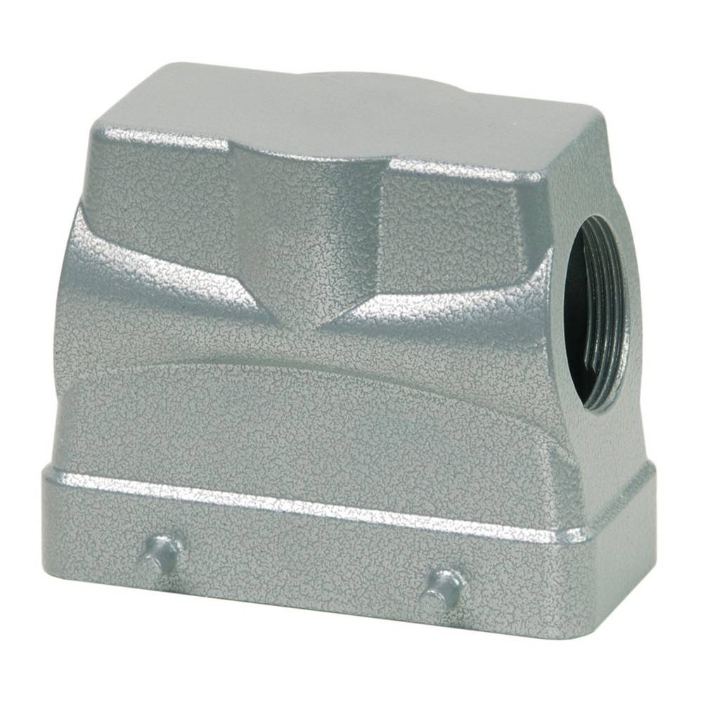 Ein metallisches Anschlussgehäuse mit quadratischer Form und abgerundeten Kanten, das auf einer Seite eine Gewindebohrung aufweist, höchstwahrscheinlich für den Kabeleintritt.