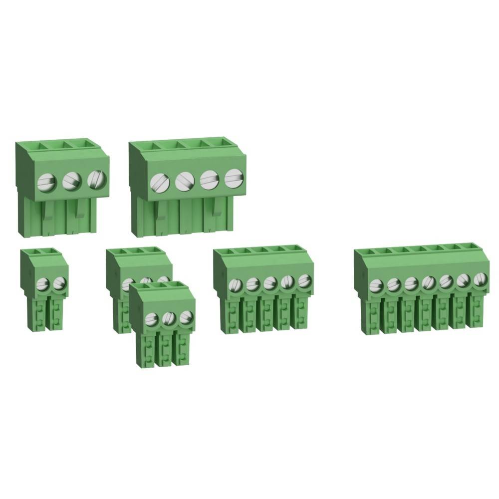 Grüne Reihenklemmen in verschiedenen Größen, die elektrische Anschlüsse mit mehreren Pins und Schrauben zeigen, die zur Kabelverbindung verwendet werden.