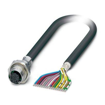 Mehrfarbige Drähte erstrecken sich von einem schwarzen Kabel mit einem metallischen Stecker und zeigen die interne Verdrahtung im Detail.