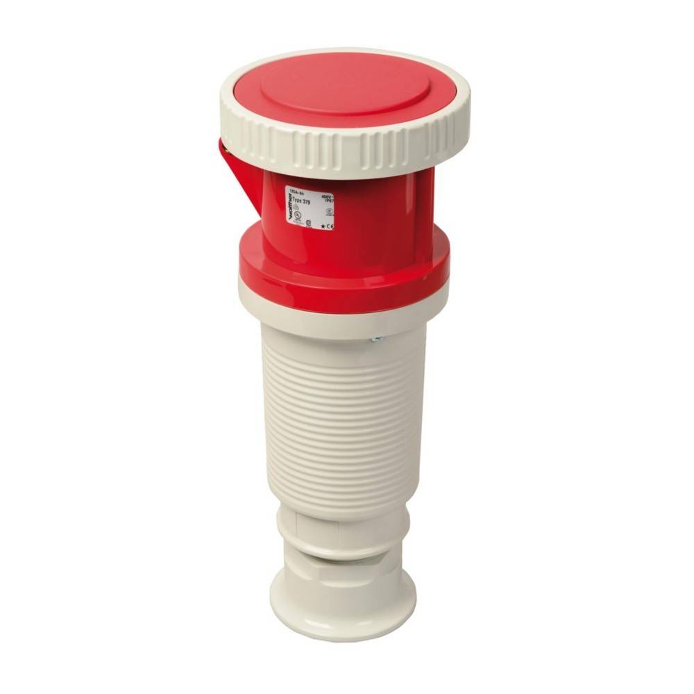 Ein roter und weißer industrieller Stecker mit geripptem Gehäuse und hervorstehendem Runddeckel, verwendet für Hochleistungs-Elektroverbindungen.