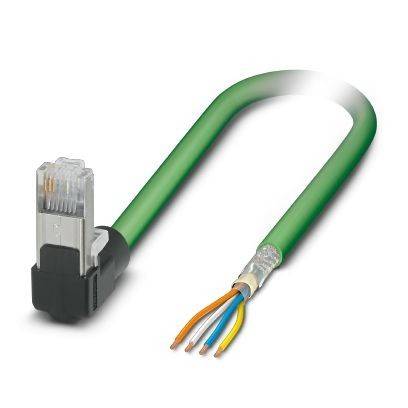 Grünes Ethernet-Kabel mit RJ45-Stecker auf einer Seite und freiliegenden mehrfarbigen Adern auf der anderen Seite, das ein abgeschnittenes oder abisoliertes Netzwerkkabel zeigt.