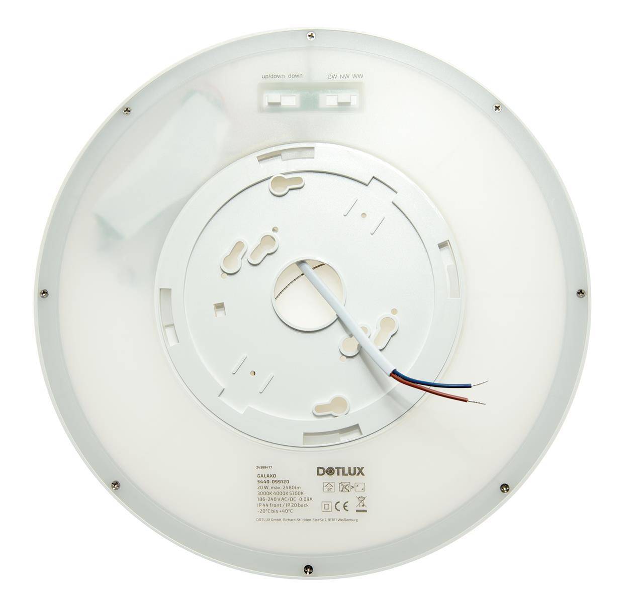 Deckenleuchte, kreisförmig mit weißem Gehäuse, Markenname 'DETLUX' in der Mitte. Sichtbare Kabel für die Installation, Befestigungslöcher rundum.