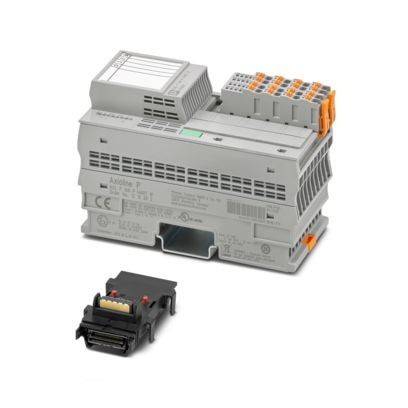 Ein kompaktes, graues industrielles Elektronikmodul mit Anschlüssen und Schnittstellen ist zusammen mit einer kleineren schwarzen Komponente mit farbigen Kabeln daneben dargestellt.