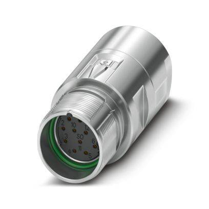 Ein metallischer zylindrischer Industriestecker mit sichtbaren Nummern 10, 50, 70 im Inneren, was auf eine Mess- oder Kalibrierungsfunktion hindeutet.
