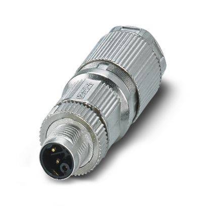 Metallischer zylindrischer Stecker mit Schraubgewinde und drei sichtbaren Stiften, konzipiert für sichere elektrische Verbindungen.