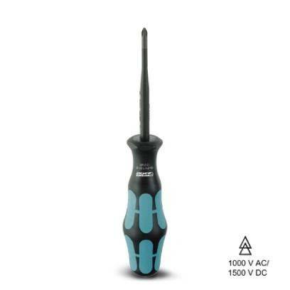 Ein Schraubendreher mit isoliertem Griff, der für elektrische Arbeiten konzipiert ist, ausgelegt für 1000 V AC und 1500 V DC, mit Sicherheitssymbolen dargestellt.
