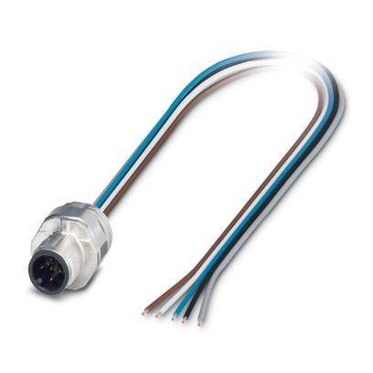 Ein runder metallischer elektrischer Stecker mit vier farbcodierten Drähten: rot, braun, blau, weiß, die sich von seiner Rückseite erstrecken.