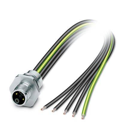 Ein Nahaufnahmebild eines Industriekabels: ein Metallstecker mit fünf freiliegenden Drähten, die sich erstrecken und für elektrische Verbindungen verwendet werden.