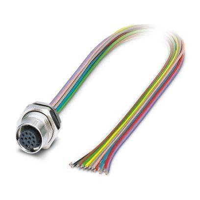Ein kreisförmiger elektrischer Stecker mit mehreren farbigen Drähten, die zum Verbinden elektronischer Geräte verwendet werden, auf weißem Hintergrund dargestellt.
