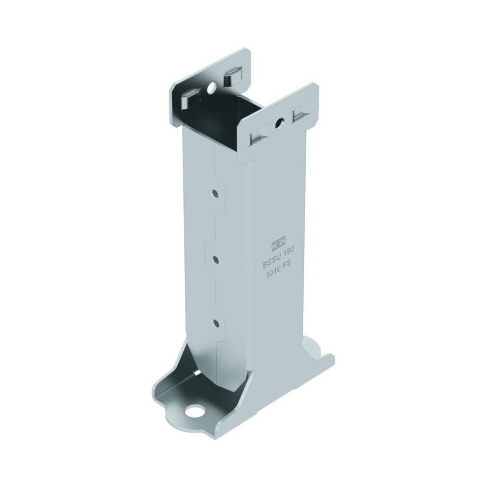 Eine Metallhalterung mit Löchern zur Befestigung, wahrscheinlich in der Bau- oder Regalbranche verwendet, mit einer robusten, kantenbetonten Konstruktion.