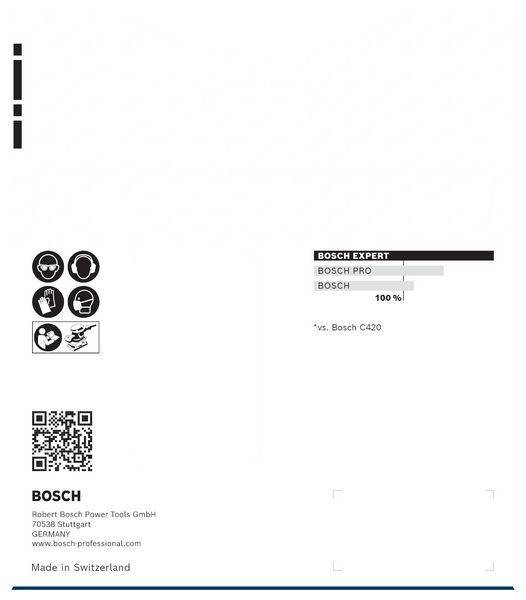 Bosch Experte' mit einer 100% Balkendiagramm. Icons von Werkzeugen und QR-Code. Kontaktangaben: Robert Bosch Power Tools GmbH, Stuttgart, Deutschland.